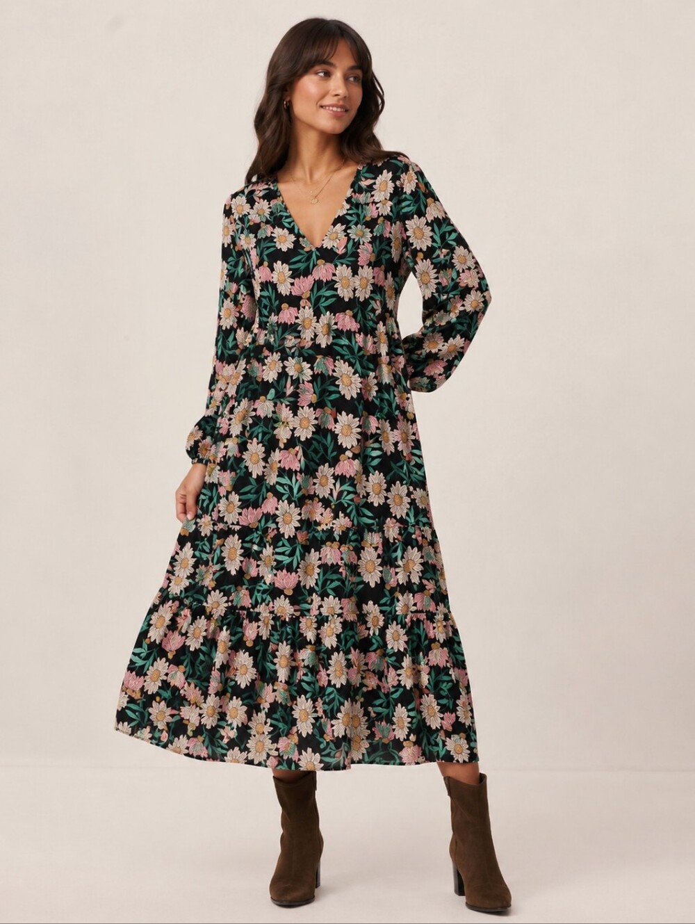 Joanie Floral Long Sleeve Tiered Midi Dress Black Pink Daisy Print XL